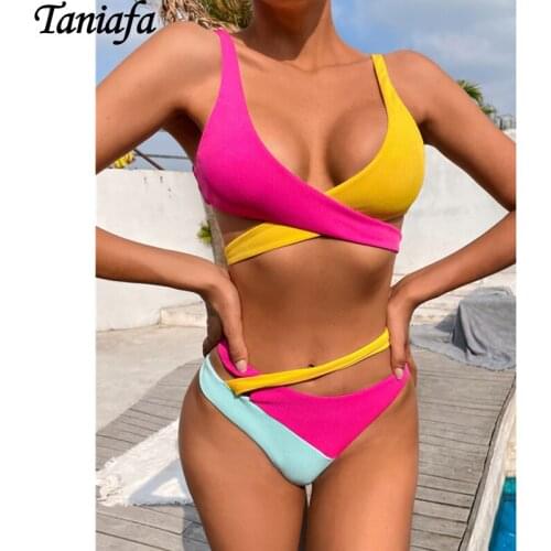 2021Sexy Women High Waist Bikini Swimsuit Swimwear Colorblock Bikini Swimsuit Cross Strap Swimsuit