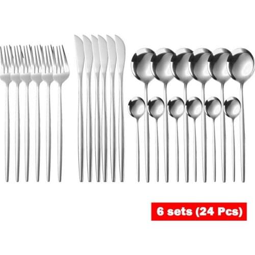 24pcs Gold Dinnerware Set Mirror Stainless Steel Tableware Set Knife Fork Coffee Spoon Flatware Set Dishwasher Safe Cutlery Set