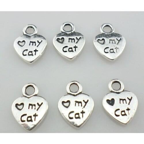 80pcs Tibetan Silver Heart Love My Cat Footprints Paw Print Charms Craft Pendants 8x11mm Jewelry Findings