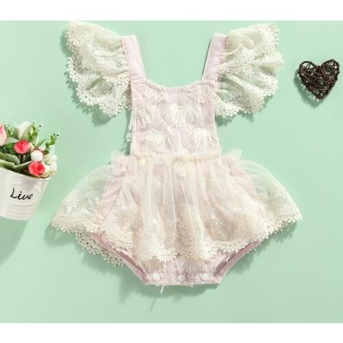 Newborn Baby Girls Princess Floral Lace Romper Baby Girls Tie-up Fringe Fly Sleeve Square Collar Backless Jumpsuit Playsuit