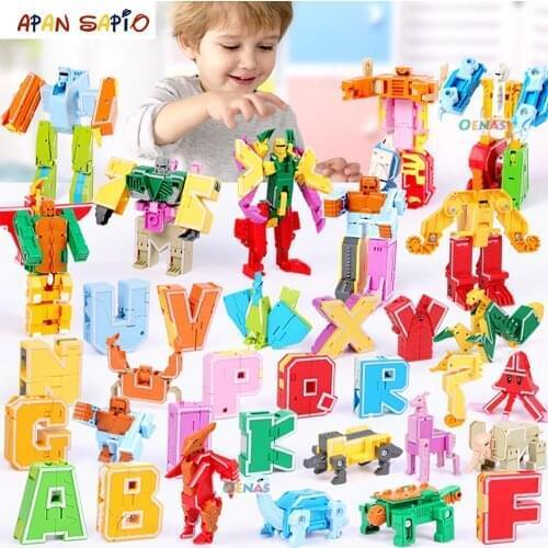 26PCS Transformation Robot Assembling Building Blocks English word Educational Action Figure Deformation Robot Toys for Children