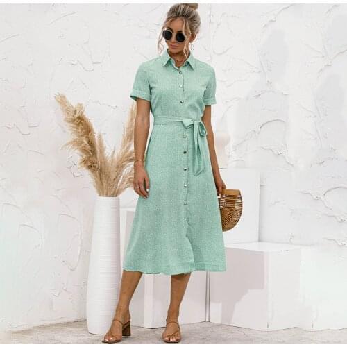 Summer Dress Women Casual Turn-down Collar Floral Midi Shirt Dress Fahsion Elegant Ladies Short Sleeve Button Boho Beach Dresses