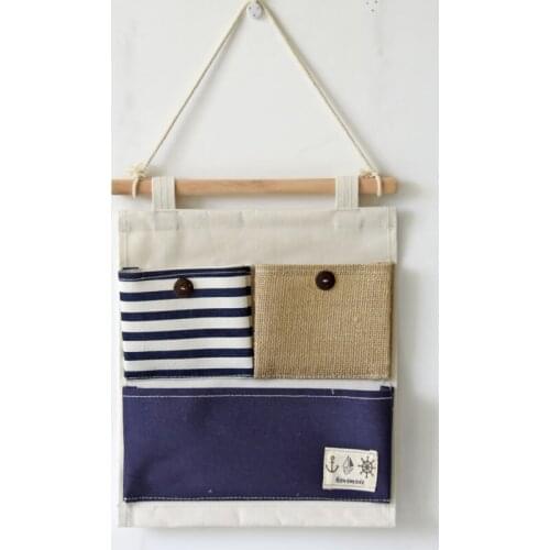Linen Plain Striped Splicing Storage Sundries Wall Hanging Bag Multi-function 3 Pockets Storage Hanging Wall Case