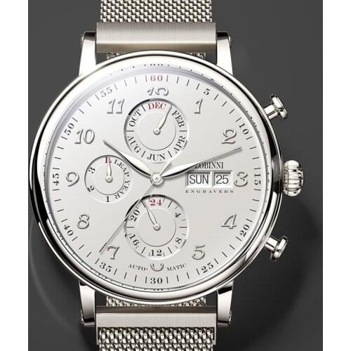 LOBINNI Mesh Steel Band Mens Automatic Mechanical Watch Sapphire Glass Waterproof Watches Date Week Multi Function Wristwatch