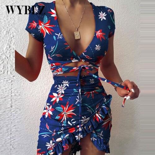 WYBLZ Floral Print Mini Dress Women 2021 Summer Holiday Ruffles Sundress Ruched Short Sleeve Fashion Tie Up Wrap Vestidos Femme