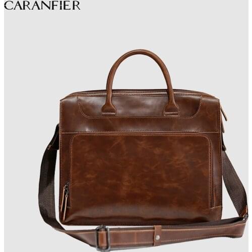 CARANFIER Mens Briefcase Travel Shoulder Pack PU Leather Leisure Large Capacity Laptop Bags Business Luxury Crazy Horse Handbags