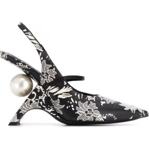 2020 new strange heels dress Shoes big pearl High Heel Pointed Toe Wedding Shoes print flowers Pumps back strap gladiator heels