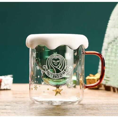 New 250 ML Cute Christmas Tree Mug Double Wall Glass Coffee Cup With Silicone Lid Breakfast Tumbler Milk Cup Childrens Xmas Gift
