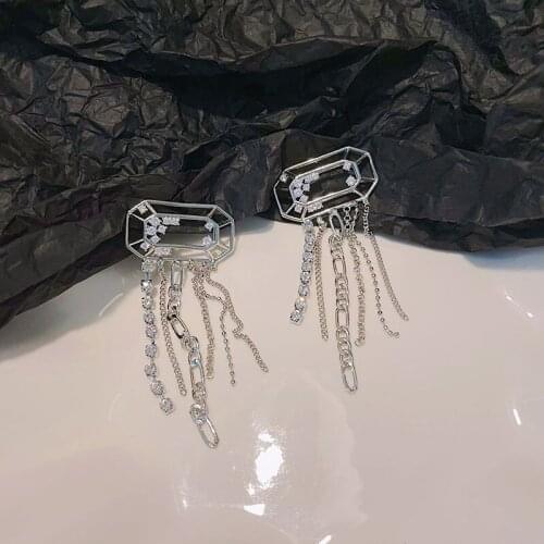 Origin Summer Unique Design Square Geometrical Dangle Earring for Women Rhinestone Hollow Metallic Long Tassel Earring Jewelry