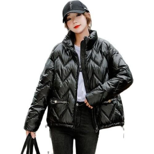 Women Winter Stand Collar Windproof Big Pocket Short Glossy Coat Puffer Jacket Cotton Padded Parkas Outwear Overcoat