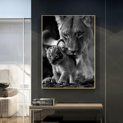Full Square Round Drill Diamond Painting Lioness and Cub Black and White 5D Embroidery Cross Stitch Mosaic Diy Needlework