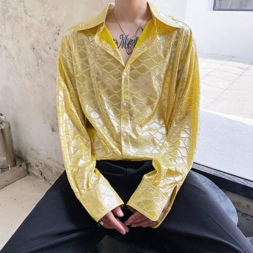 Men Golden Shiny Fish Scale Pattern Long Sleeve Casual Loose Shirt Male Nightclub Stage Fashion Show Dress Shirts