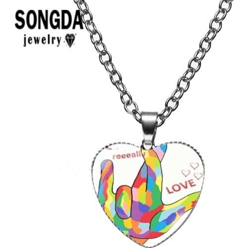 SONGDA Heart Necklace I Love You Rainbow Style Glass Heart Pendant Trinket Hip Hop Gesture Pattern Cool Girl Handicraft Jewelry
