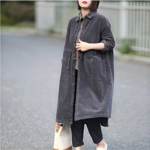 Trench Coat Women Outwear Autumn Winter Female Literature Art Vintage Windbreaker Loose Plus Size Mid-Long Corduroy Drawstring