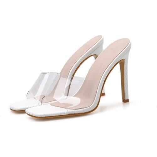 2021 New PVC transparent slippers women square toe sexy snake print high heels womens shoes thin heel 10.5cm slides