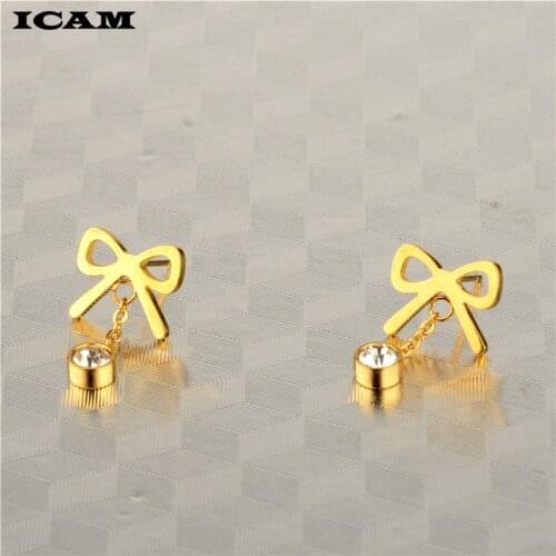 ICAM Fashion Gold Color Stainless steel Stud Earrings Bowknot Austrian Crystal Rhinestone Earring For Women Wedding Jewelry