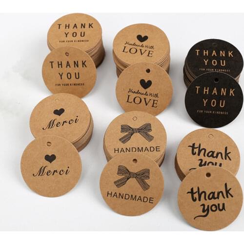 100pcs/Pack 4cm Round Label Kraft Paper Thank you Hand Made Tag DIY Baking Gift Package Label Birthday Party Decoration
