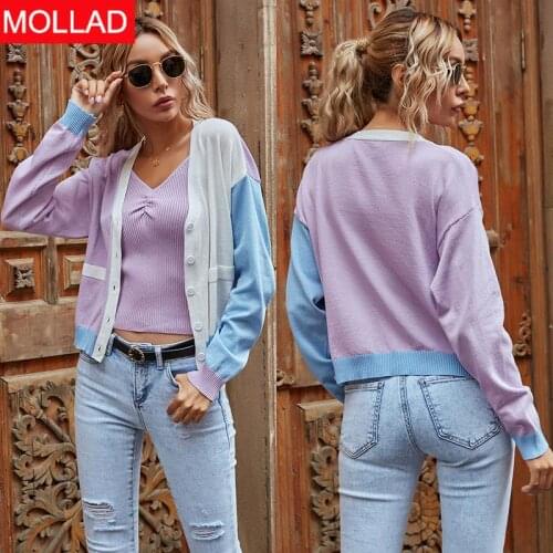2021 Spring Long Sleeve Knitted Cardigan Sweater Multi-Color Women Coat Button Sweaters Cardigans Light Purple Womens Sweater