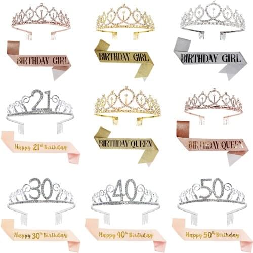 21 30 40 50 Birthday Party Decoration Rose Gold Silver Satin Sash and Crystal Crown Tiara for Womens Birthday Anniversary Party