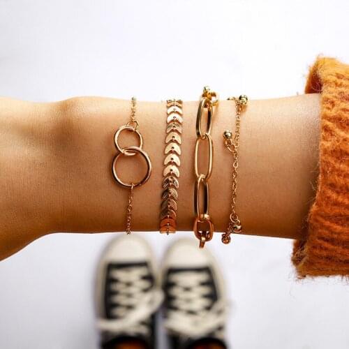 Meetvii 4pcs Bohemian Geometric Gold Color Bracelets Set Adjustable Lasso Flower Arrow Circle Charm Bracelet for Women Jewelry