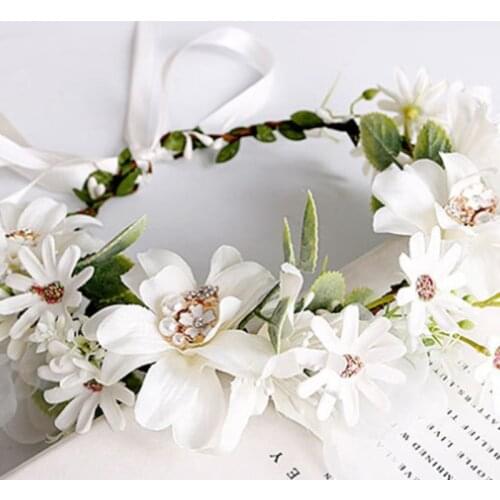 649D Boho Simulation White Flower Headband Garland Rhinestone Pearl Jewelry Wreath Crown Adjustable Ribbon Bridal Wedding Party