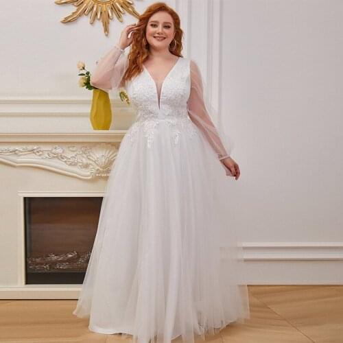 White Sexy V-Neck Evening Dress Embroidery A-Line Zipper Back Lace Full Sleeves Floor-Length Plus Size Women Formal Gowns D1034
