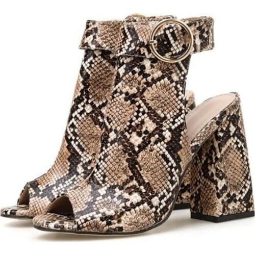 Summer New Buckle Strap Ankle Boots Roman Woman Gladiator Sandals Sexy Snake Print Peep Toe Square Heels Ladies Shoes