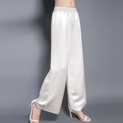 Summer 2021 100% Silk Wide Leg Pants Female White Trousers for Women Oversized Pants High Waist Pantalones De Mujer Pph4172