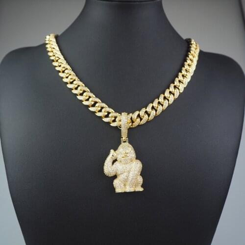 Iced Out AAA Zircon Gorilla Pendant Necklace With Bling Rhinestone Cuban Link Chain Charms Necklace Fashion Hip Hop Jewelry