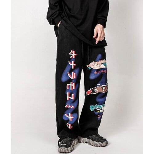 Japanese Harajuku Jeans Men Cartoon Anime Print Cargo Pants Casual Baggy Wide Leg Pants Hip Hop Streetwear Couple Fashion New