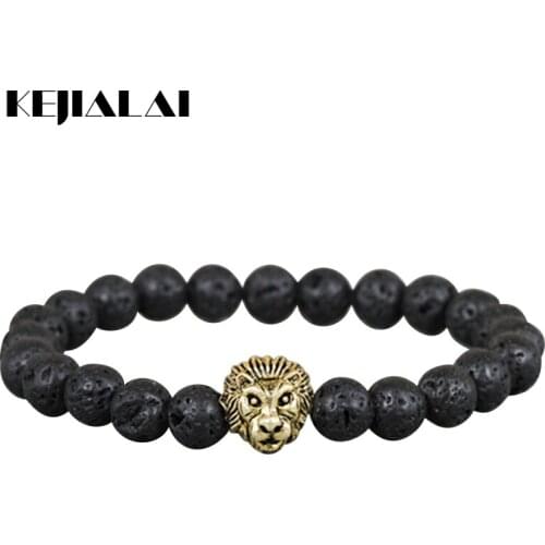 KEJIALAI 2018 New Products 8mm Lava Stone Beads With Antique And Gold Lion Elastic Bracelets For Men And Womens Gift M-L354