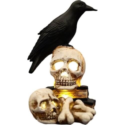 Halloween Crow Decoys Skull Statue Decoration Glowing Raven Figurines Sculpture Bar Ghost Haunted House Party Props Ornaments