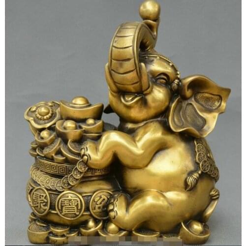 Chinese fengshui old Bronze elephant yuanbao money treasure bowl wealth statue