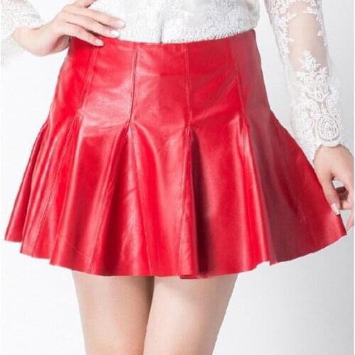 OL Style Genuine Leather Sheepskin Pleated Short Skirt Female Streetwear Spring 2020 Sweet A-Line Skirt M-3XL Red Black Faldas