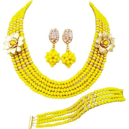 Fashion Opaque Yellow Crystal Beaded Multi Strands Necklaces Sets Nigerian Wedding African Beads Jewelry Set 5-XSH28