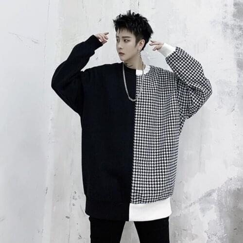 Men Plaid Splice Long Sleeve Pullover Sweatshirt Male Japan Street Vintage Fashion Casual Loose Hoodie Sweatshirt