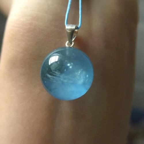 Natural Ice Blue Aquamarine Heart Pendant 15mm Women Man Love Round Ball Sphere Rare Clear Stone Fashion Necklace AAAAA