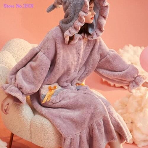 One Piece Grils Autumn Pajamas Hooded Home Service Winter Pajamas Purple Coral Fleece Nightdress Womens Soft Fluffy Sleepwear