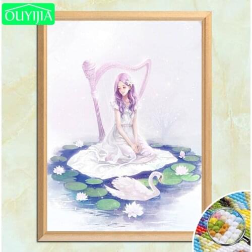 OUYIJIA 5D DIY Diamond Painting "Swan and girl in lotus pond" Full Square Diamond Embroidery Pic Of Rhinestones Mosaic Painting