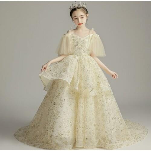 Flower Girls Dresses Crystal Princess Off The Shoulder Sequined Ball Gown Tiered Floor-Length Tulle Pleat Kids Party Dress D201