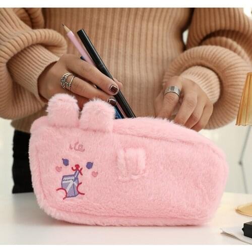 Cute Animal Kawaii Rabbit Cat Plush Large Capacity Pencil Bag Desk Organizer Storage Bags Kids Pen Case School Stationery Cases