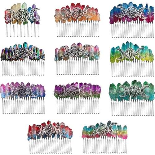 Bohemian Rainbow Raw Crystal Quartz Hair Comb Vintage Antique Moon Witch Bridal Hairpin Clip Wedding Party Jewelry Tiara