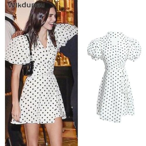 Kendall Jenner Dress Clothes 2021 Summer White Black Polka Dot Print Fashion Style Puff Sleeve Elegant Designer Mini Dresses