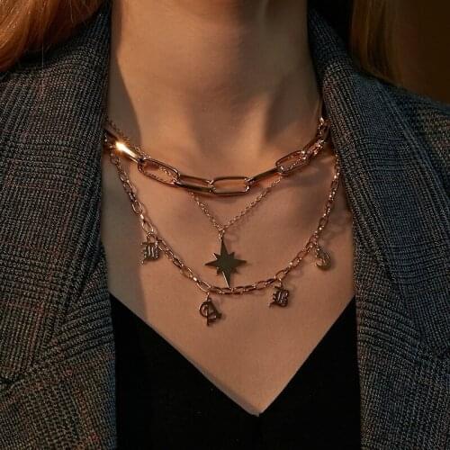 Vsnow Vintage Multilayer Gold Color Star Letter Pendant Necklace for Women High Street Chunky Chain Choker Necklace Jewellery