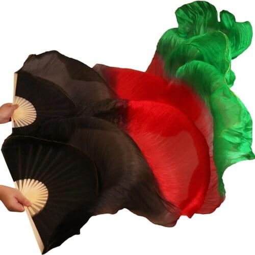 100% Real Silk Belly Dancing Long Fans 1 Pair 5mm Handmade Dyed High Quality Silk Belly Dance Props Fans Black+Red+Green Colors