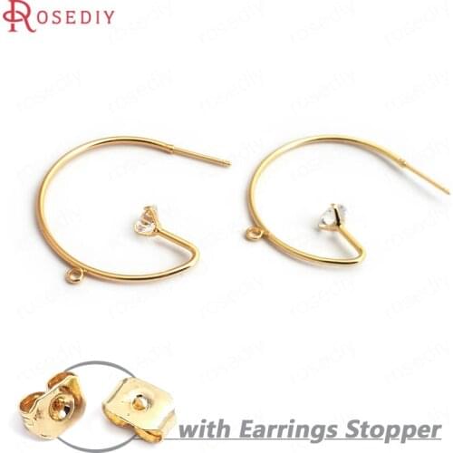34970)6PCS 32MM 24K Gold Color Brass with White Zircon Circle Earring Loop High Quality Diy Accessories Jewelry Findings