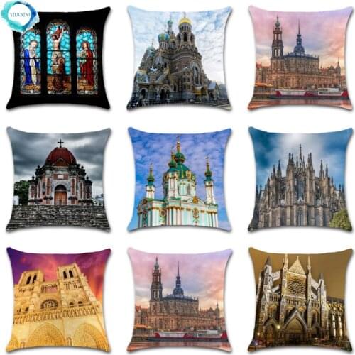 Art Classical Building Cathedral Church Print Cushion Cover Home Sofa Square Decorative Polyester Pillowcase Fundas De Cojin