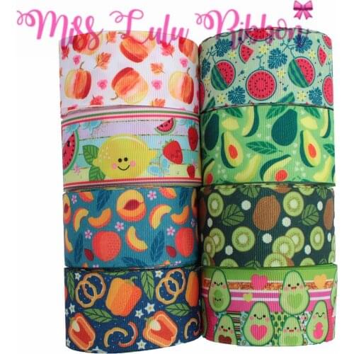 16mm-75mm Fruit Series Kiwi Lemon Avocado Watermelon Printed Grosgrain/Foe Ribbon Autumn Leaf DIY Hair Bowknots 50yards/roll