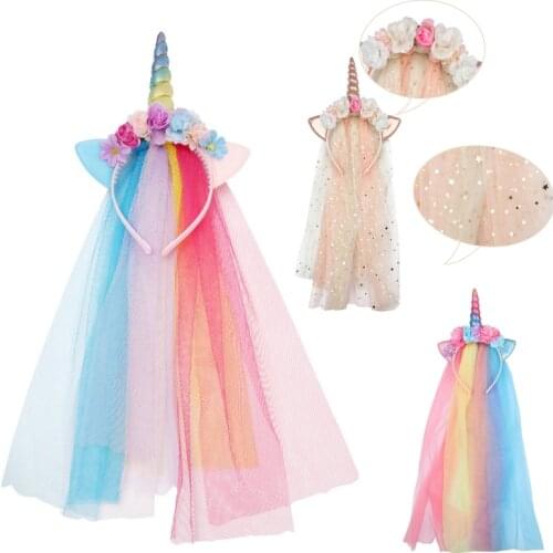 Girls Birthday Party Unicorn Hair Accessories Kids Christmas Mesh Simulation Bead Flower Hairhoop Children Prom Cat Ears Tiara