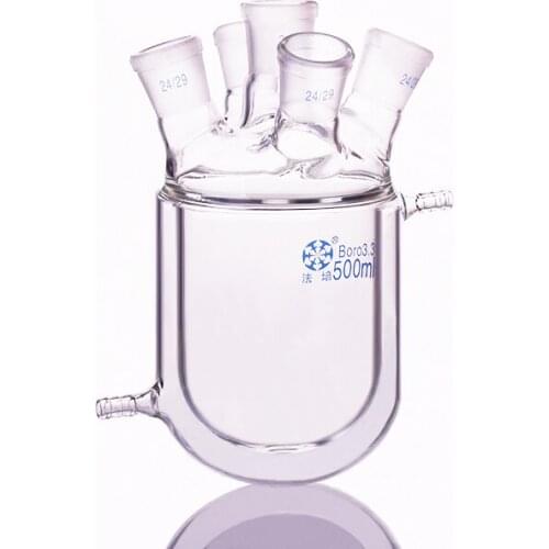 Double-deck cylindrical Five-necked round bottom flask,Capacity 500ml,Joint 24/29,Mezzanine jacketed reactor bottle